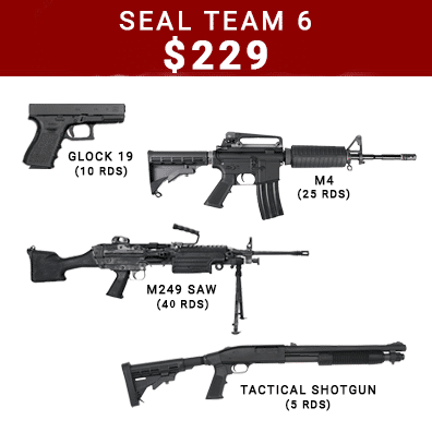 Seal Team 6 experience for $229 each with a glock 19 (10 rounds), M4 (25 rounds), M249 SAW beltfed (40 rounds, and a tactical shotgun (5 rounds)