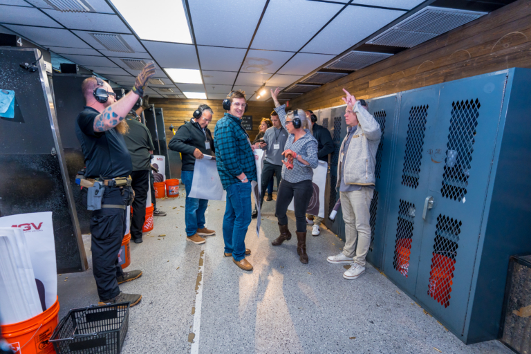 A group event in the indoor shooting lanes at Machine Guns Vegas
