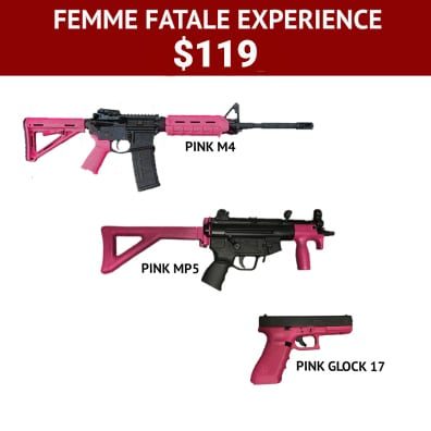 Femme Fatale pink gun shooting experience package for $119 per person with 3 guns - an M4, MP5 and Glock